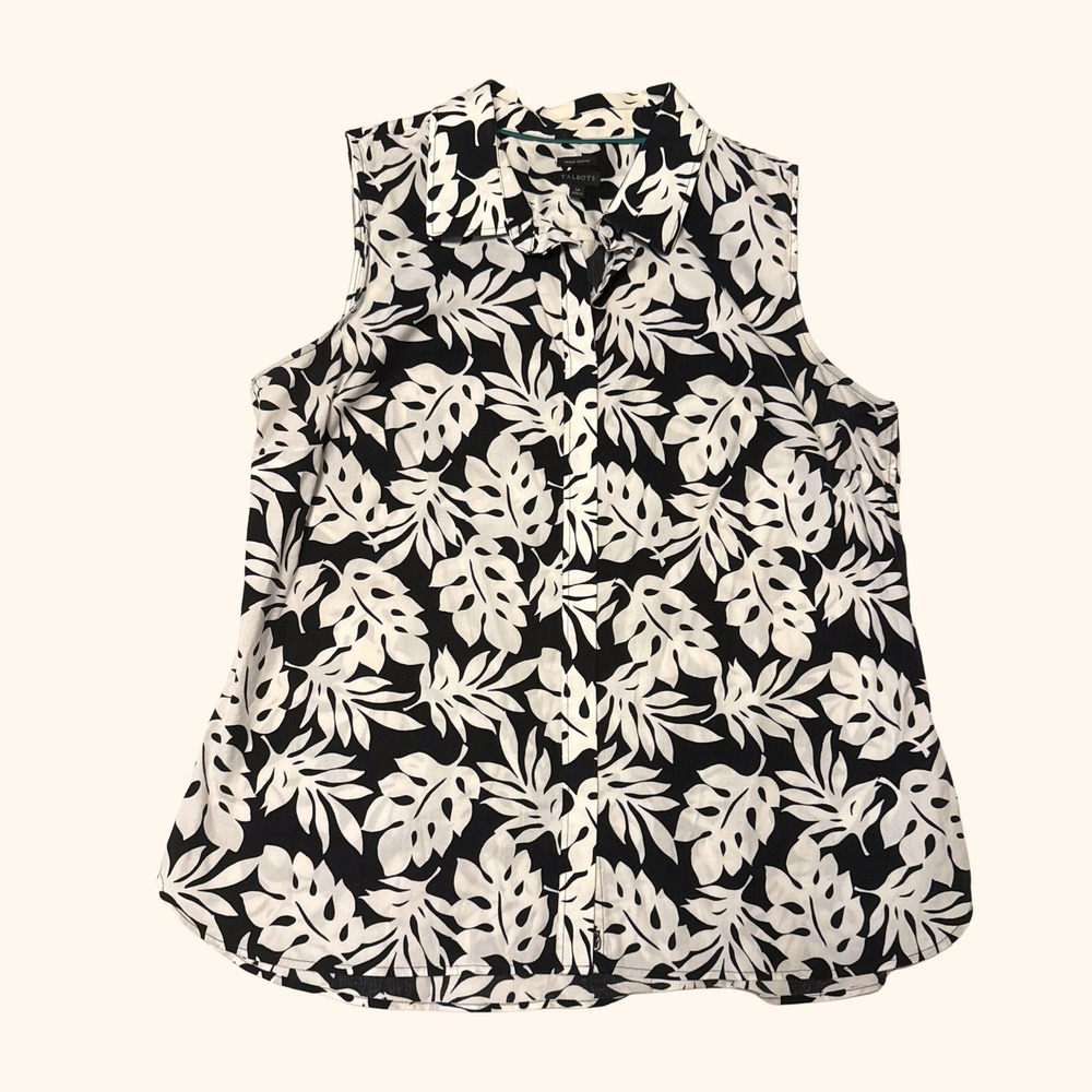 Talbots Womens 14 Black White Tropical Monstera Leaf Sleeveless Button Down Top
